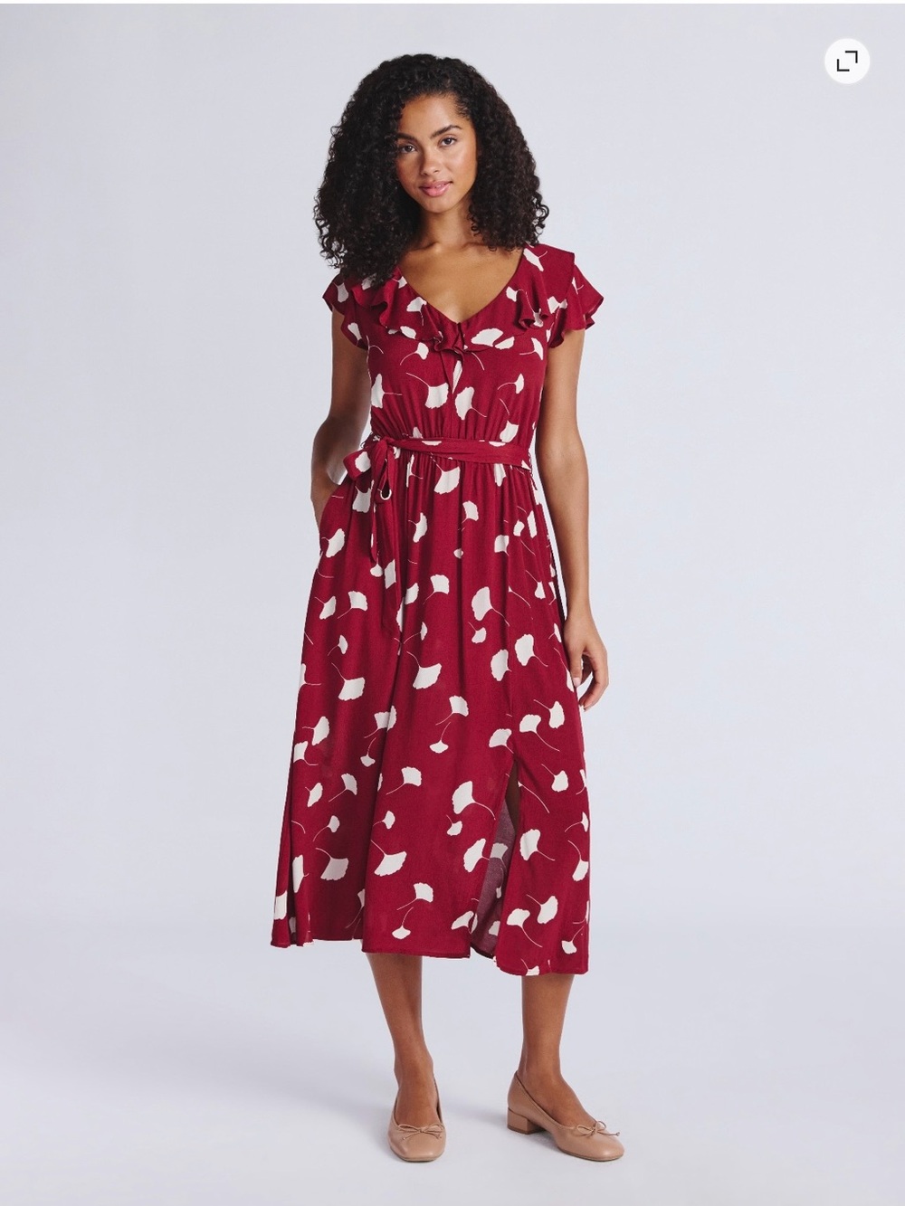 Time and Tru Red Printed Midi Dress with Tie Waist